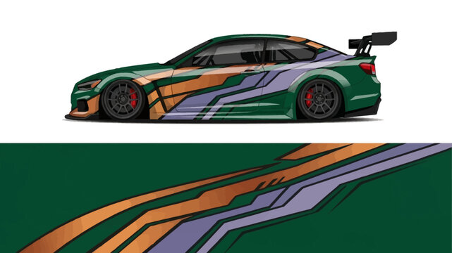 Sleek multi-colored racing car profile illustration with dynamic stripes.