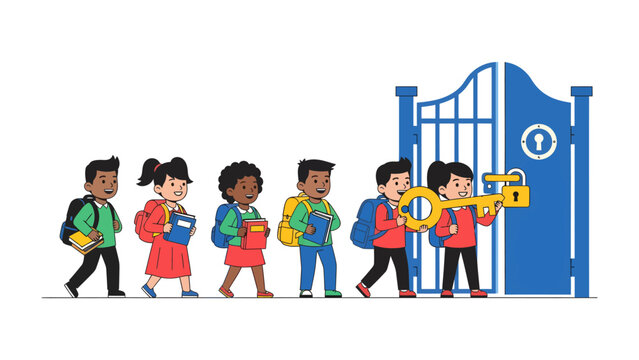 The Golden Key to Education: A line of diverse children, each with a backpack and books, walks towards an open school gate, with one child holding a large golden key.