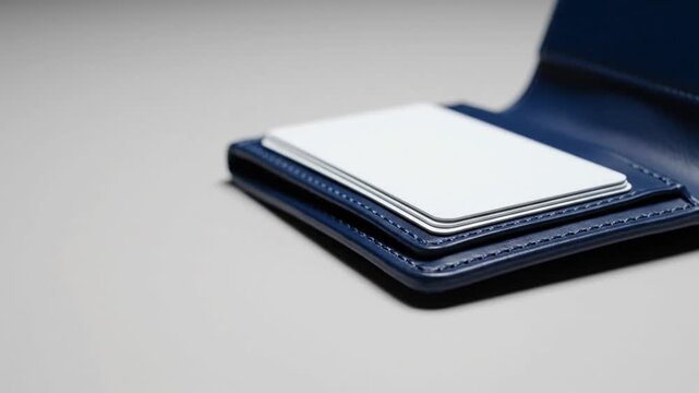 Blue leather wallet with cards being placed inside, showcasing sleek design and functionality