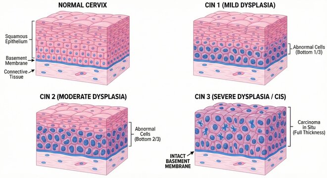 Cervical dysplasia CIN medical 3D diagram features layered squamous cells transitioning from mild to severe intraepithelial neoplasia without membrane invasion