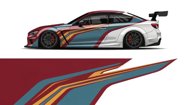 Dynamic race car with vibrant livery and abstract stripe graphics on a sleek white body.