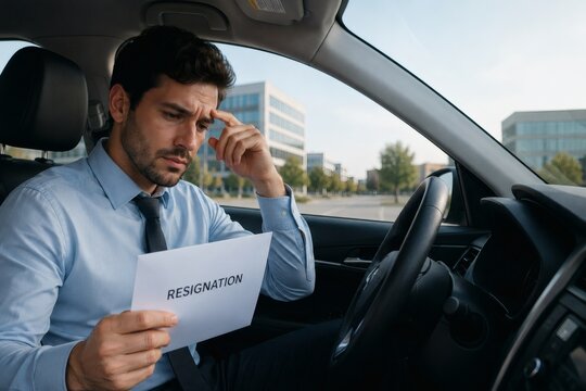 Man sitting in car holding resignation letter looking stressed