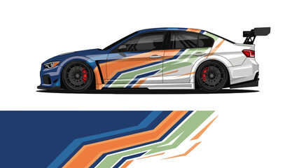 Obraz premium High speed race car with colorful racing livery and sponsor stripes in profile view.