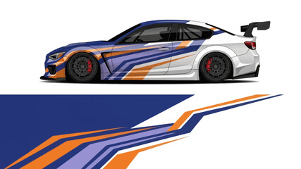 Obraz premium Side Profile of a Blue and Orange Race Car with Striped Livery.