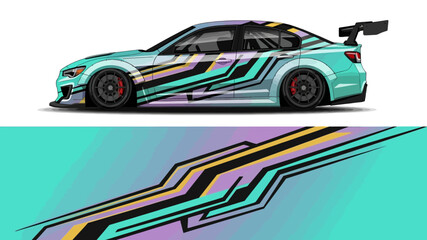 Obraz premium Vibrant teal racecar with futuristic livery and bold geometric stripes in motion.