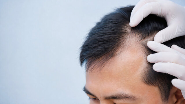 Hair clinic consultation, doctor examining forehead and mapping hairline with blank space for text