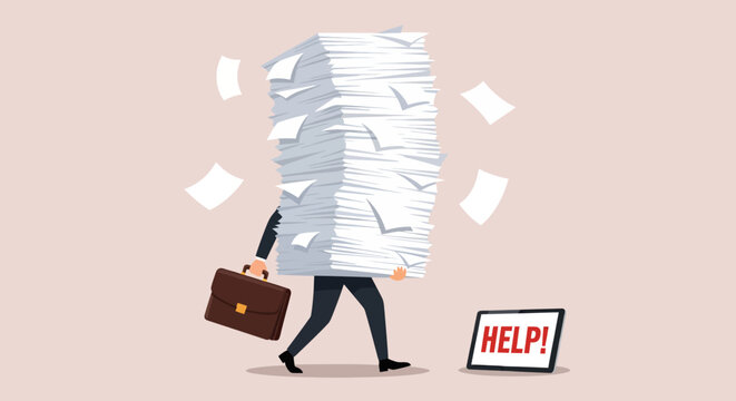 A heavily burdened businessman struggles to carry a massive, teetering stack of flying paperwork, while walking past a digital tablet on the floor displaying a desperate plea for help in solid red ink