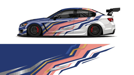 Obraz premium Race car with blue and red graphic wrap featuring aerodynamic lines and spoilers.
