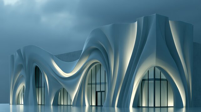 A dynamic fabric facade of a modern media center building, showcasing architectural innovation with windblown patterns and contemporary design elements.