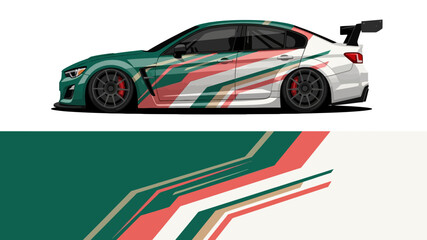 Obraz premium Sleek green and red race car with white livery, aero spoiler and dynamic design on track.