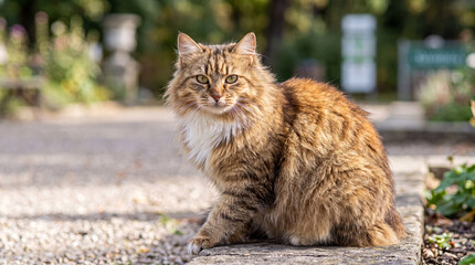 Adorable fluffy cat with striking green eyes sitting attentively on a stone ledge outdoors in a garden setting. © Stephen
