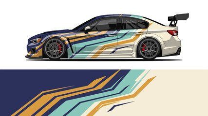 Fototapeta premium Sleek racing sedan with blue and gold aerodynamic stripes on white background.
