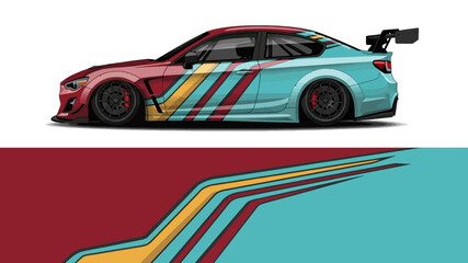 Obraz premium Colorful racing sport car with bold striped livery and aerodynamic design.