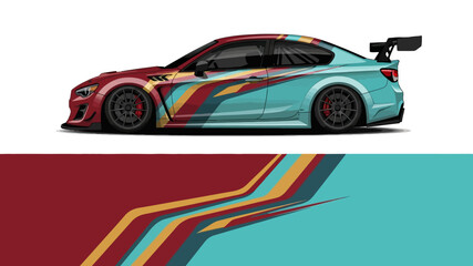 Obraz premium Sporty colorful race car with bold stripes on split background.