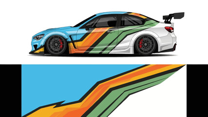 Fototapeta premium Side view of a sports race car with bold blue, orange, and green racing livery.