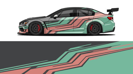 Fototapeta premium Stylized mint green and pink race car with graphic stripe design.