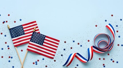 Fototapeta premium Festive 4th of july celebration american flags confetti and patriotic streamers on blue