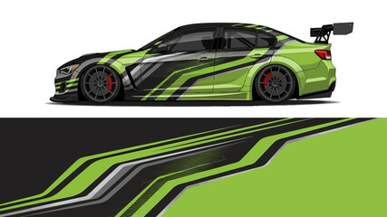 Obraz premium High-speed sports car with neon green racing graphics and an aerodynamic sporty design.