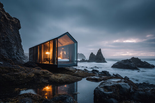 Modular cabin features a mirror-glass facade on the Icelandic coastline, reflecting the dramatic sky and warm light, with waves crashing on rocky shore