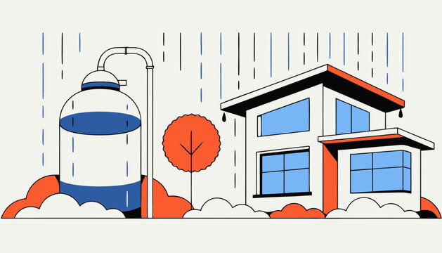 Modern house in heavy rain with water harvesting system and sustainable home infrastructure concept