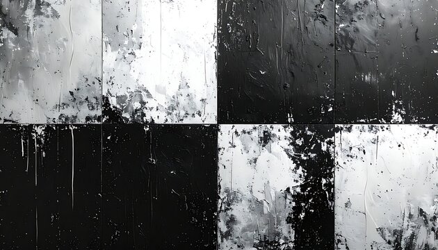 A black and white abstract image with square sections and a rough texture