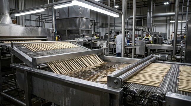 Industrial food production line processing breadsticks on a conveyor belt
