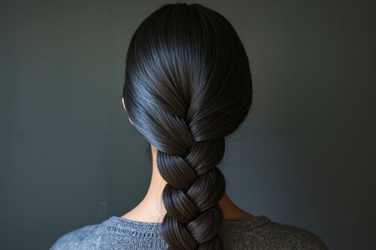 A woman with long black hair in a fishtail braid