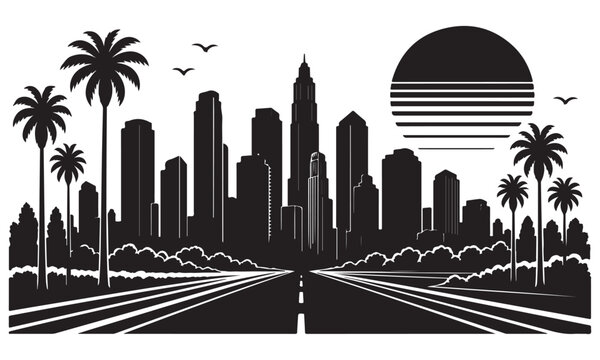 Los Angeles palm boulevard silhouette, LA palm street, urban cityscape, vector isolated on white