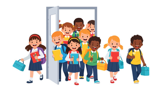 Back to School Excitement: A diverse group of happy children, eager to learn, rush out of an open doorway with backpacks and books, ready for a new academic adventure.