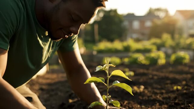Man plants tree sapling in garden field during sunset planting. Farmer works with soil planting seedling outdoors. Man gardener plants sapling at golden hour. Field planting with farmer working.