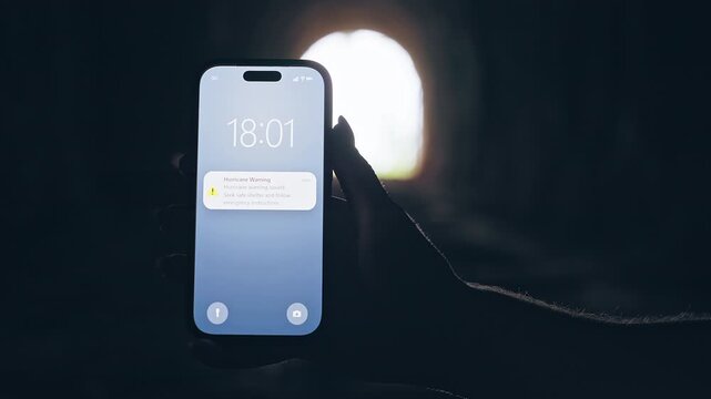 Smartphone Displaying Hurricane Warning Notification Inside Dark Tunnel With Bright Backlight, Cinematic Disaster Scene About Extreme Weather and Emergency Survival