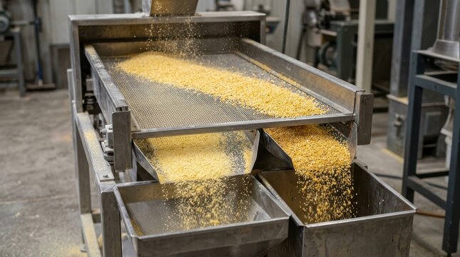Industrial grain sifter machine separating corn grits in a processing facility