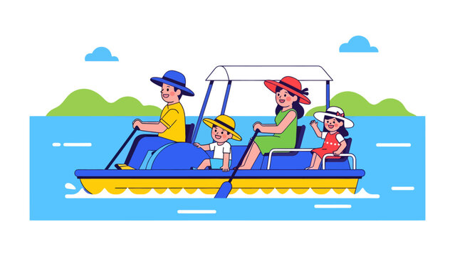 Family Fun on the Water: A happy family of four enjoys a leisurely pedal boat ride on a bright, sunny day, with green hills in the background. A perfect scene of summer vacation and outdoor activity.