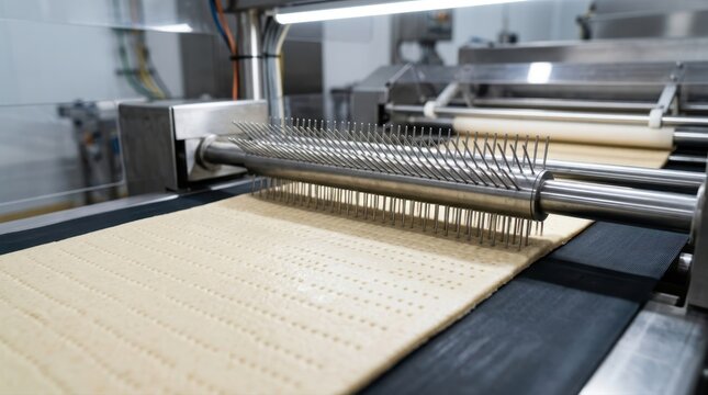 Industrial dough docker machine processing a sheet of pastry on a conveyor belt