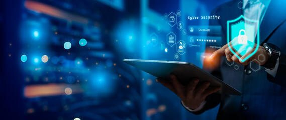 Fototapeta premium Cyber security protects,Visual representation of cybersecurity with network connections,digital defense strategies and protective shield symbolizing information security in a modern digital server