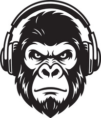Fototapeta premium Gorilla head with headphones vector logo, ape mascot listening to music, DJ gorilla icon, podcast primate symbol, gaming monkey emblem, flat minimalist black and white silhouette, street style audio