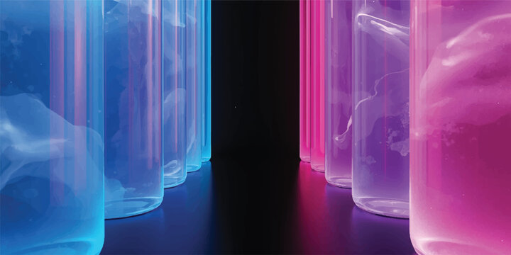 A transparent 3d design displays a cold blue light illuminating an x ray image of a human brain and chest beside clear liquid ice water