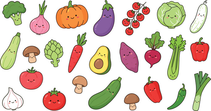Cute Kawaii Vegetable Vector Character Set featuring Happy Smiling Faces for Children Educational Materials Healthy Eating Campaigns and Menu Decorations