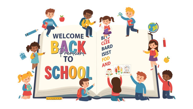Back to School Excitement: A vibrant illustration depicts diverse children with backpacks and school supplies gathered around a giant open book.