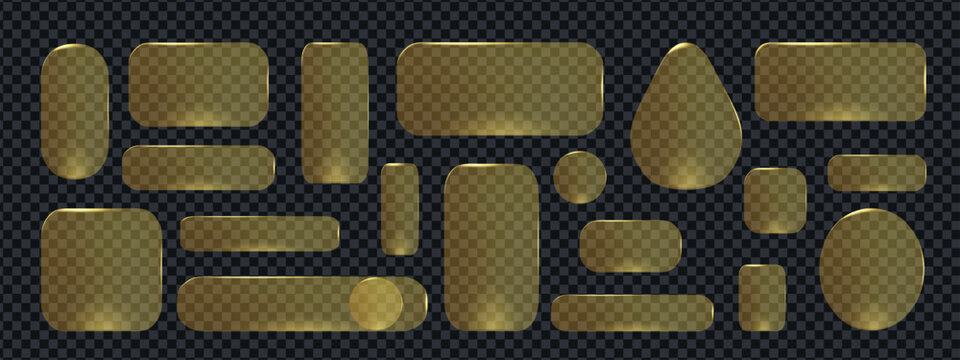 Glass button 3d and frame gold shape with rectangle text ui. Box overlay glow and template red golden with progress digital interface. Design frame gold and space glass orange with effect.