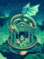 A dragon guards treasure in a futuristic ancient temple. © PO