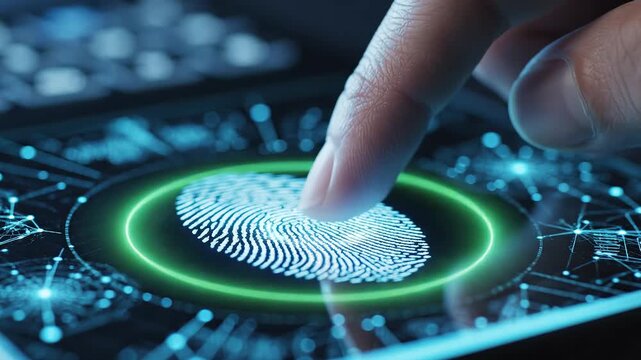 Finger touching fingerprint sensor emphasizing futuristic concepts and connectivity