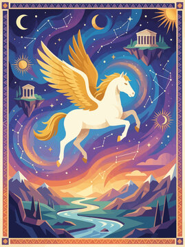 Mythical winged horse in starry night sky.