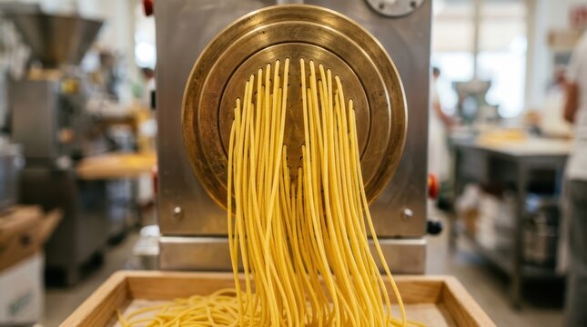 Fresh spaghetti pasta being extruded from a professional industrial machine