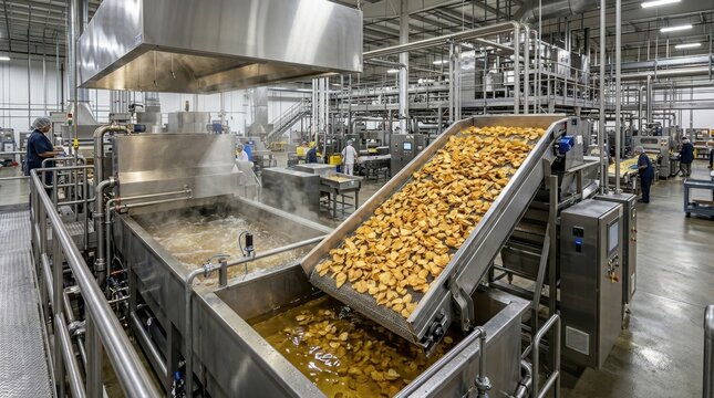 Industrial potato chip frying line in a modern food processing factory