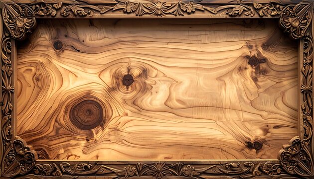 Natural wood grain texture with ornate carved frame detail, showcasing organic patterns and rich brown tones of aged timber