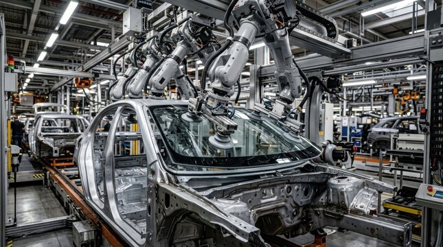 Automated robotic arm installing a windshield on a car body in a factory