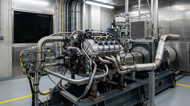 Internal combustion engine mounted on a dynamometer test bench in a laboratory