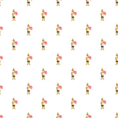 Fototapeta premium Fantasy gnome character holding a mushroom shield repeating in a seamless pattern