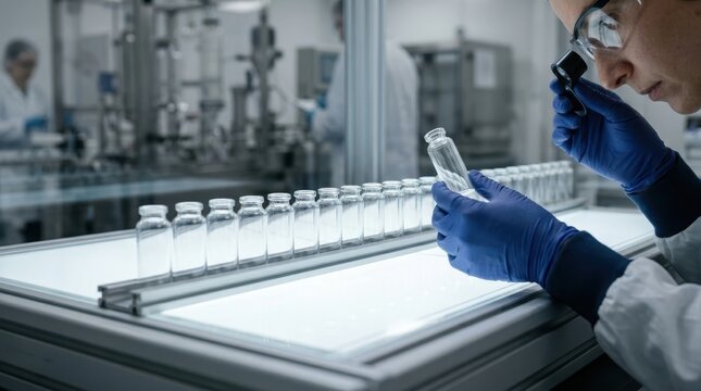 Scientist inspecting glass vials on a production line in a pharmaceutical lab